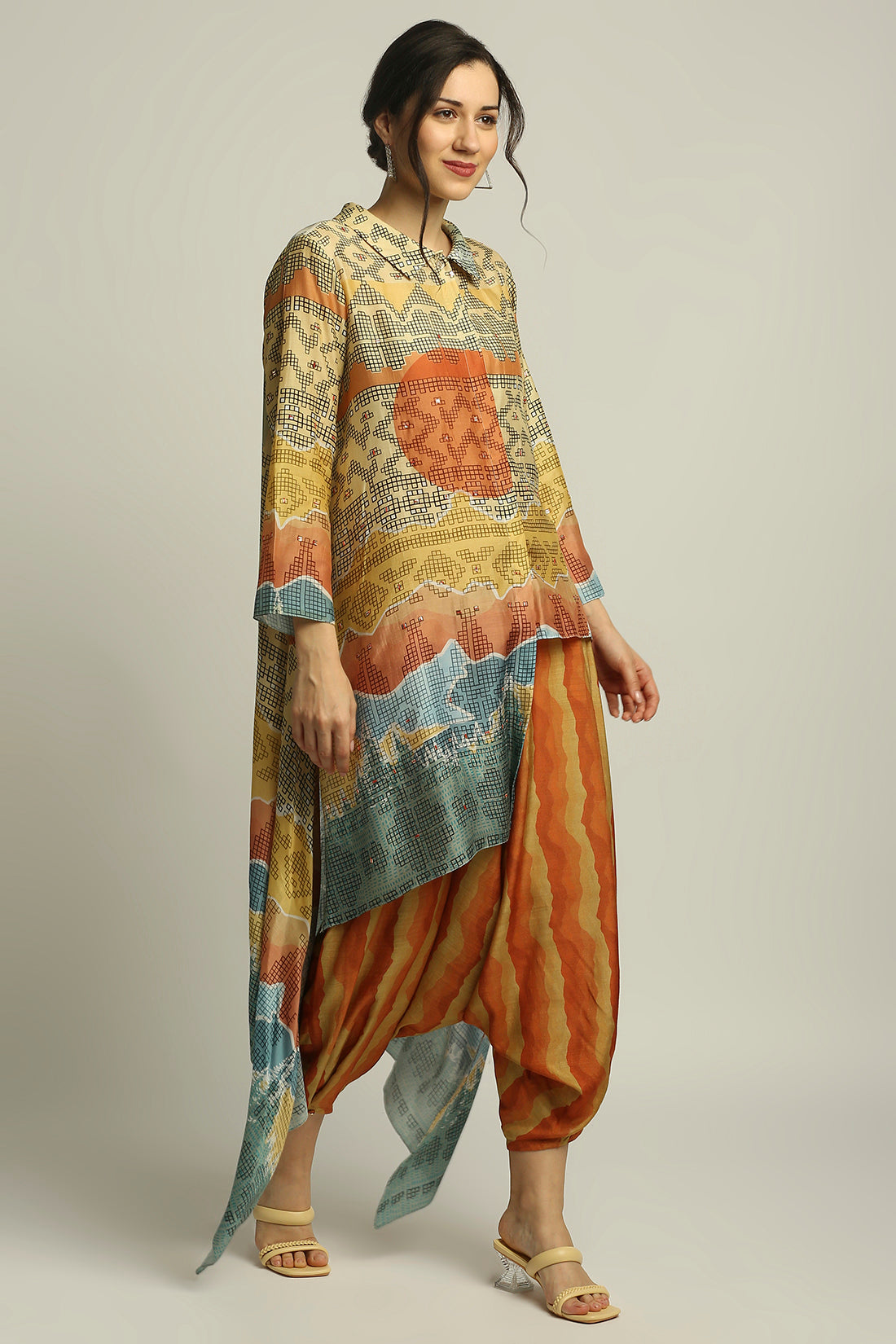 Dune Shadow Printed High-Low Top With Dhoti