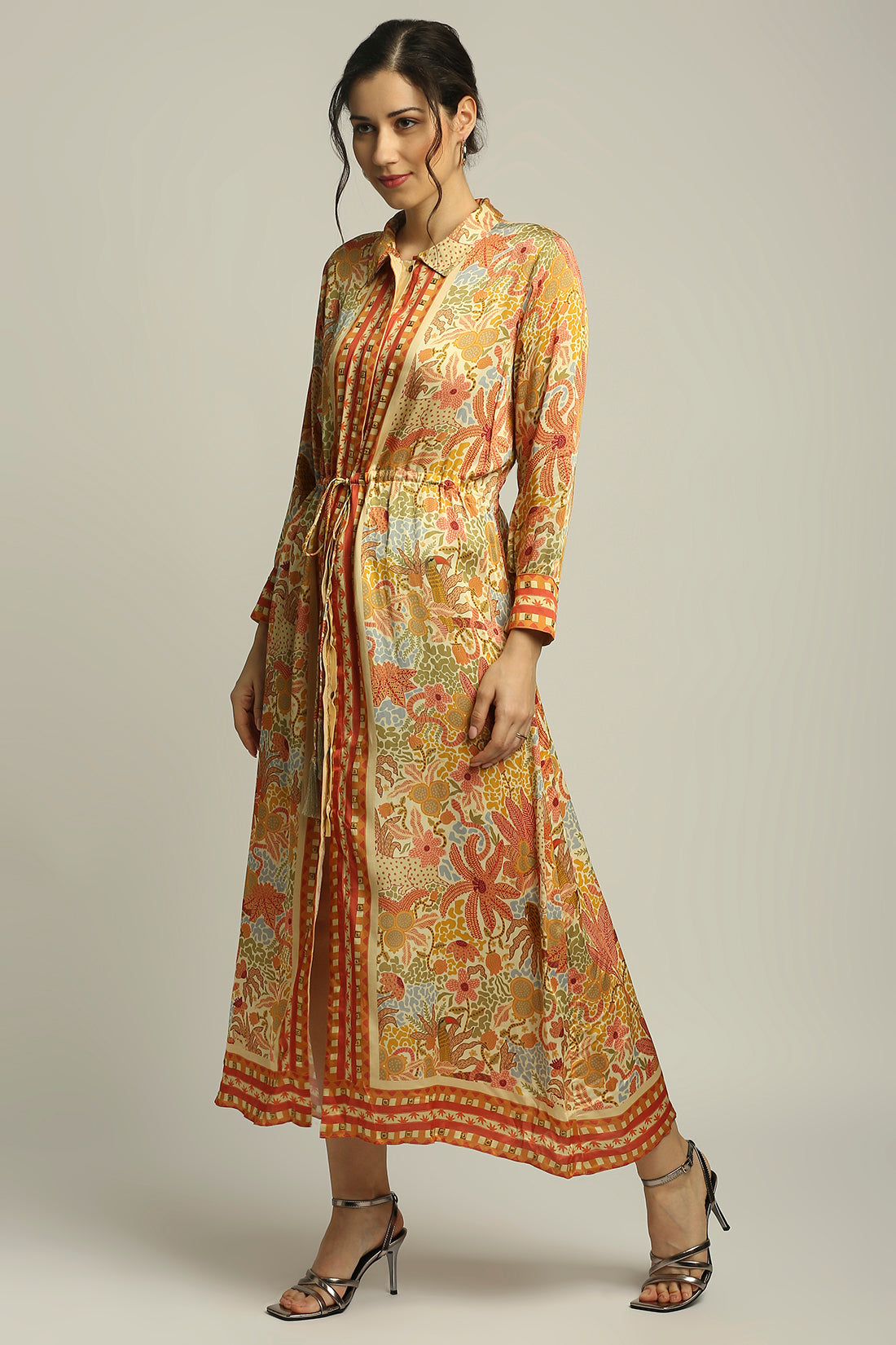 Forest Groove Printed Dress With Waist Tie-Up