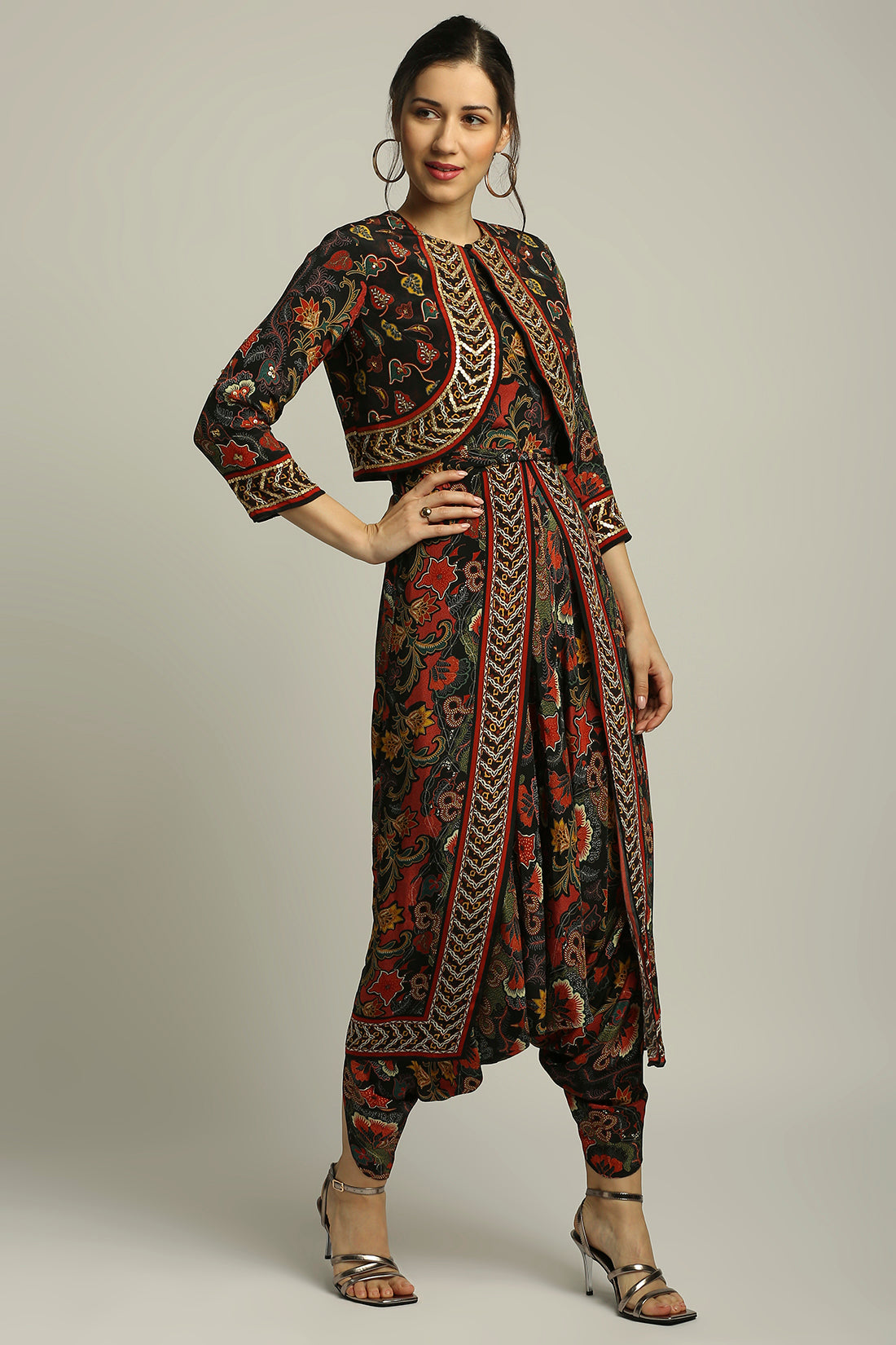 Batik Printed Dhoti Style Jumpsuit With Jacket