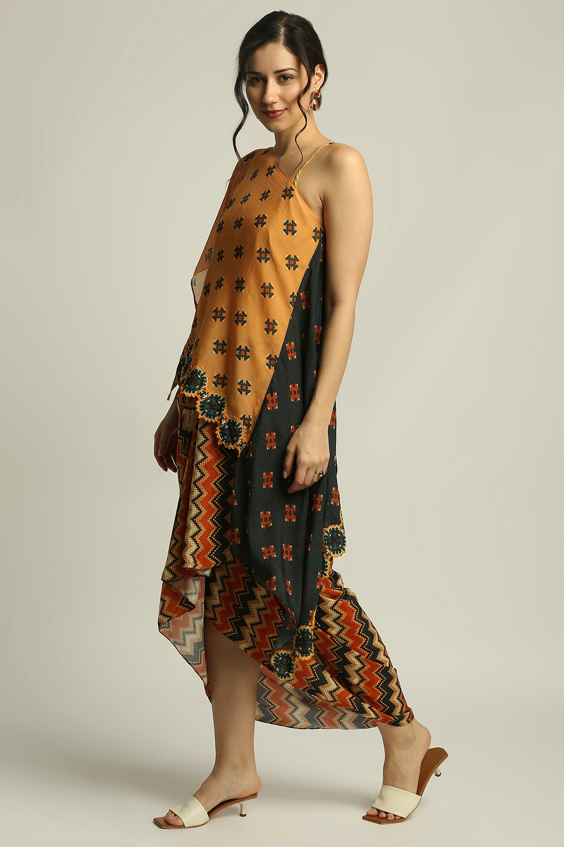 Tiraz Printed One Shoulder Top With Drape Skirt