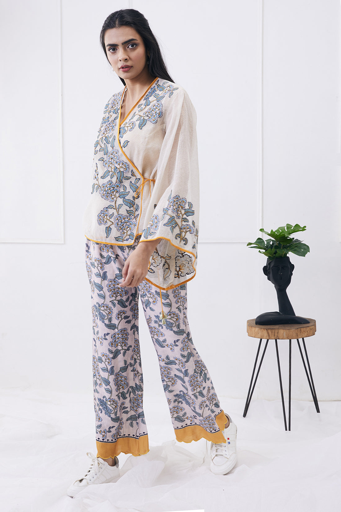 Cream Yasmin Printed Overlapped Top With Pants