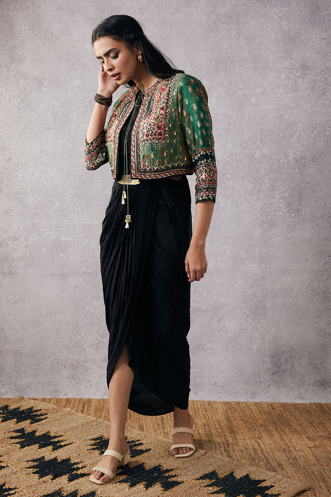 Ikaya Embroidered Drape Dress With Jacket