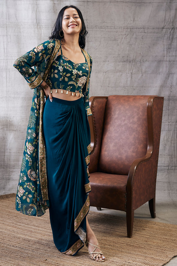 Graphic Crystallised Printed Drape skirt with a high slit styled with Drape top. main image 1