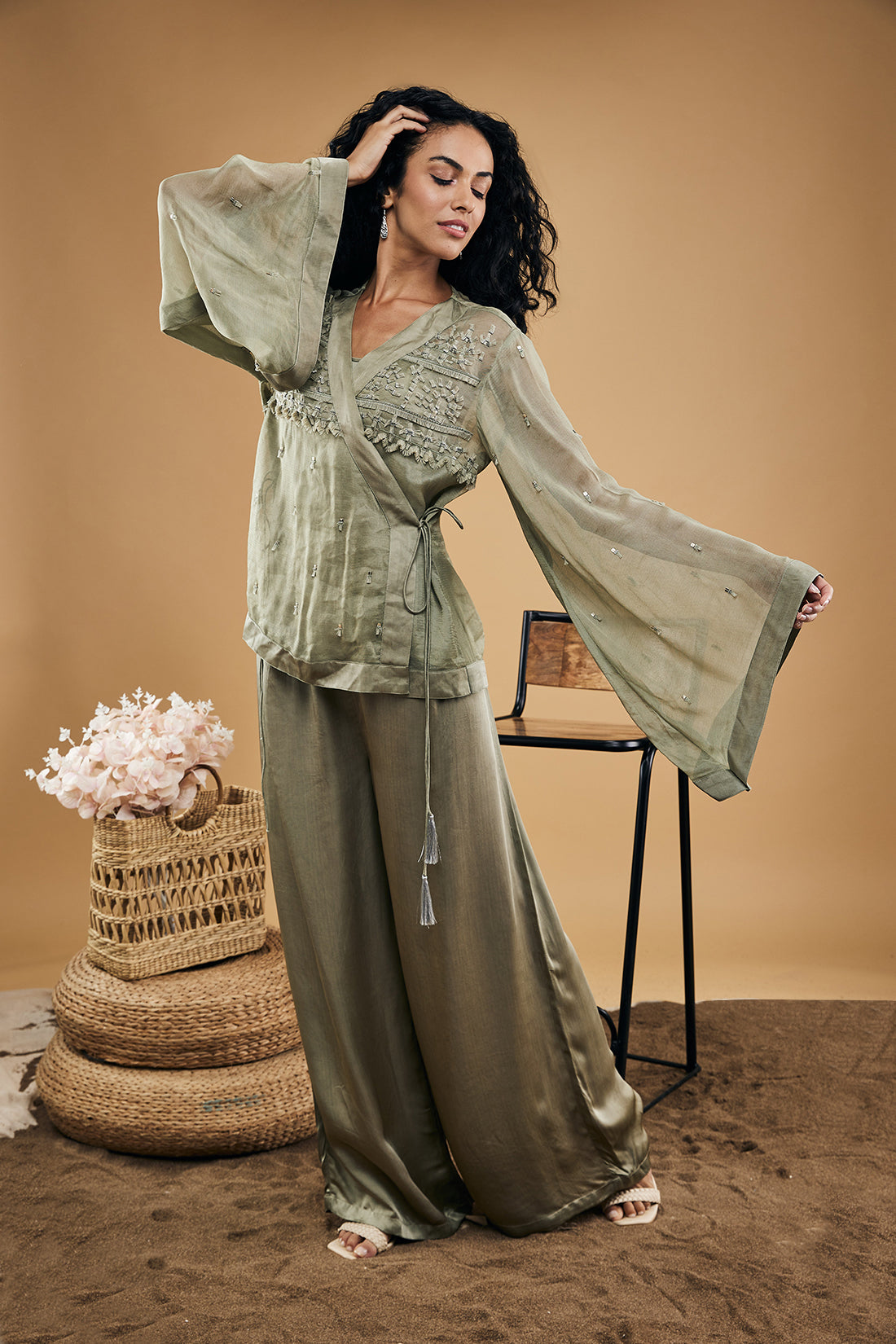 Azra Embellished Overlapped Top With Pants