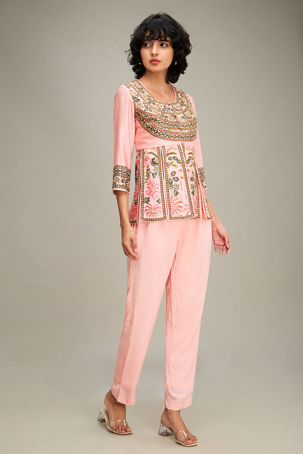 Mehr Embroidered Peplum Top With Pants