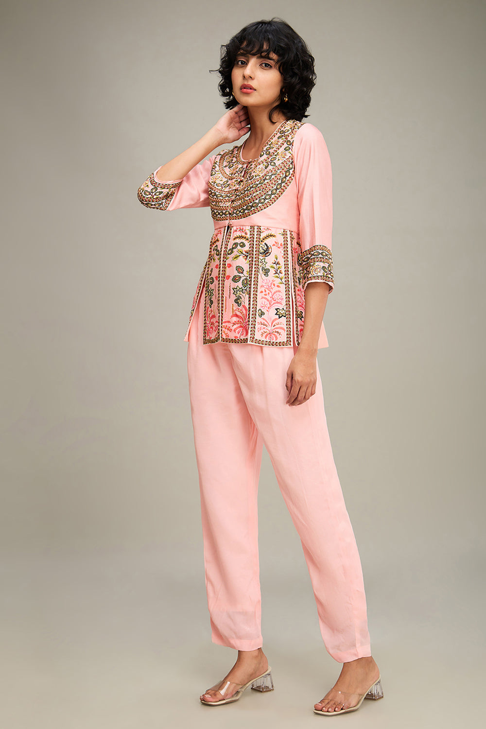 Mehr Embroidered Peplum Top With Pants