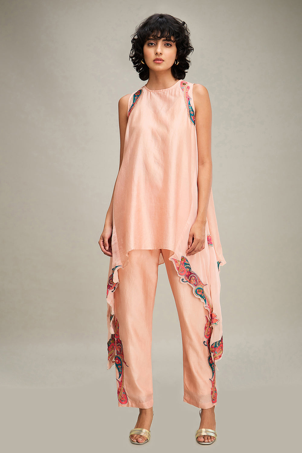 Peach Qala Applique Asymmetric Kurta Set