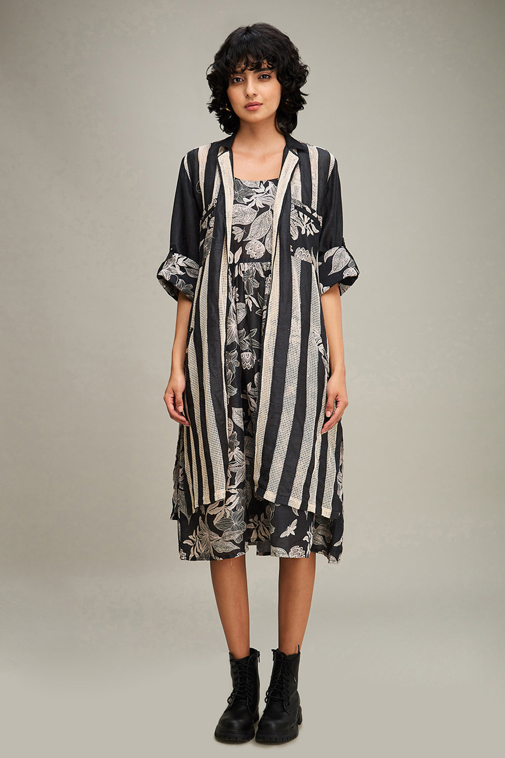 Black Ahyana Printed Long Dress And Jacket