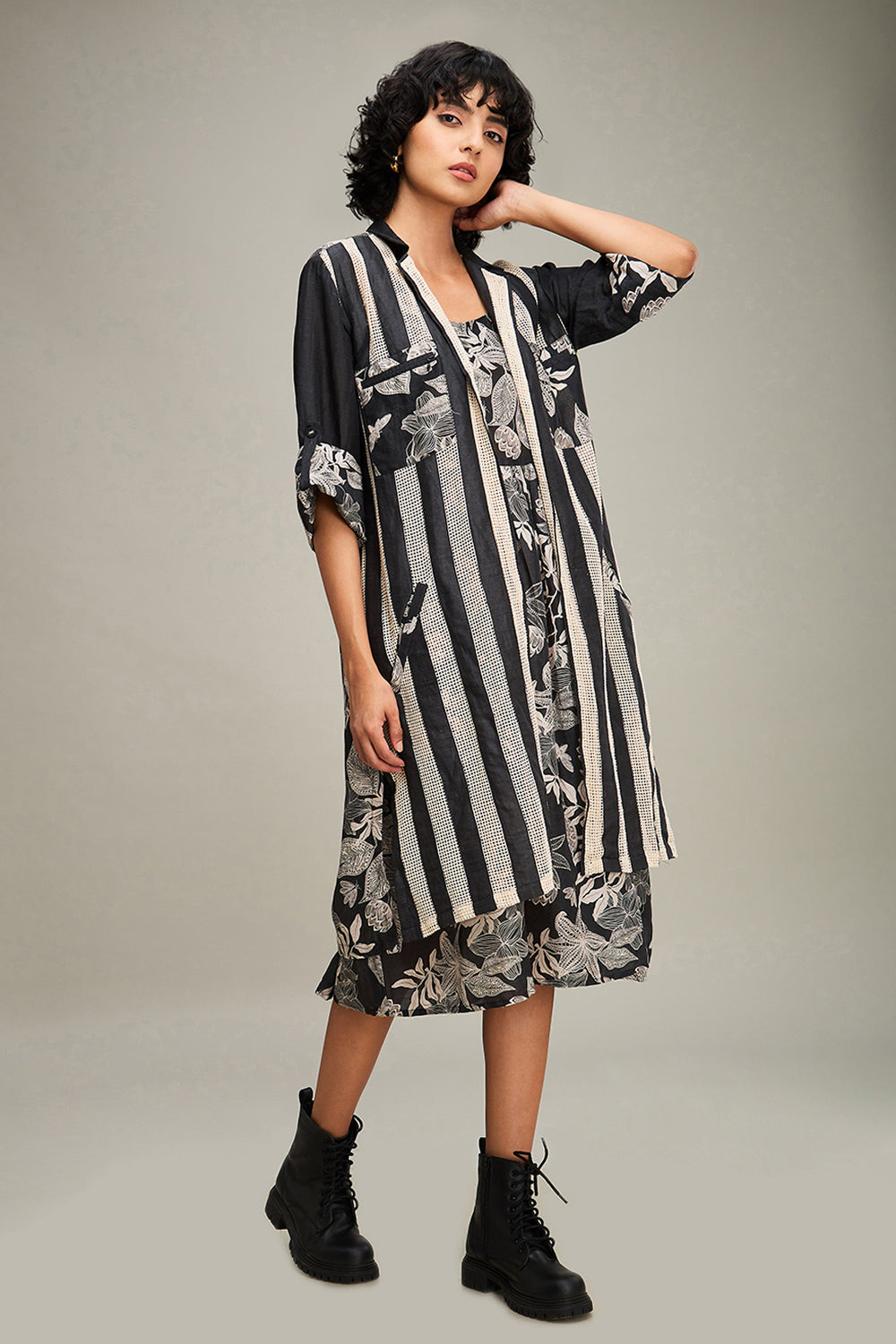 Black Ahyana Printed Long Dress And Jacket