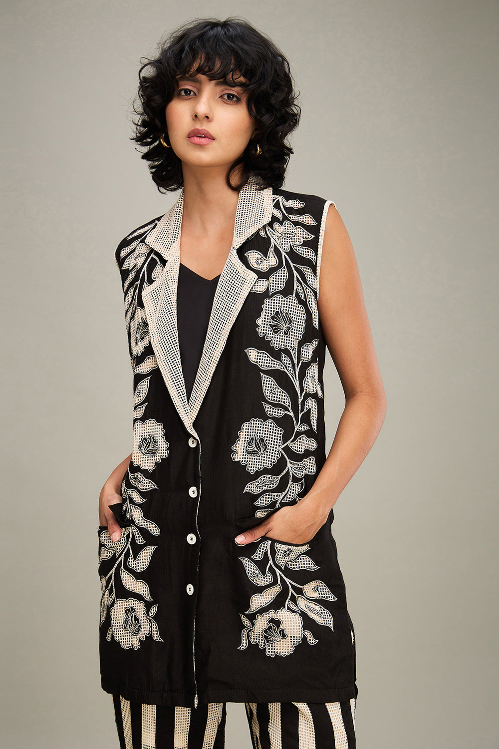 Black Zinnia Applique Blazer Set