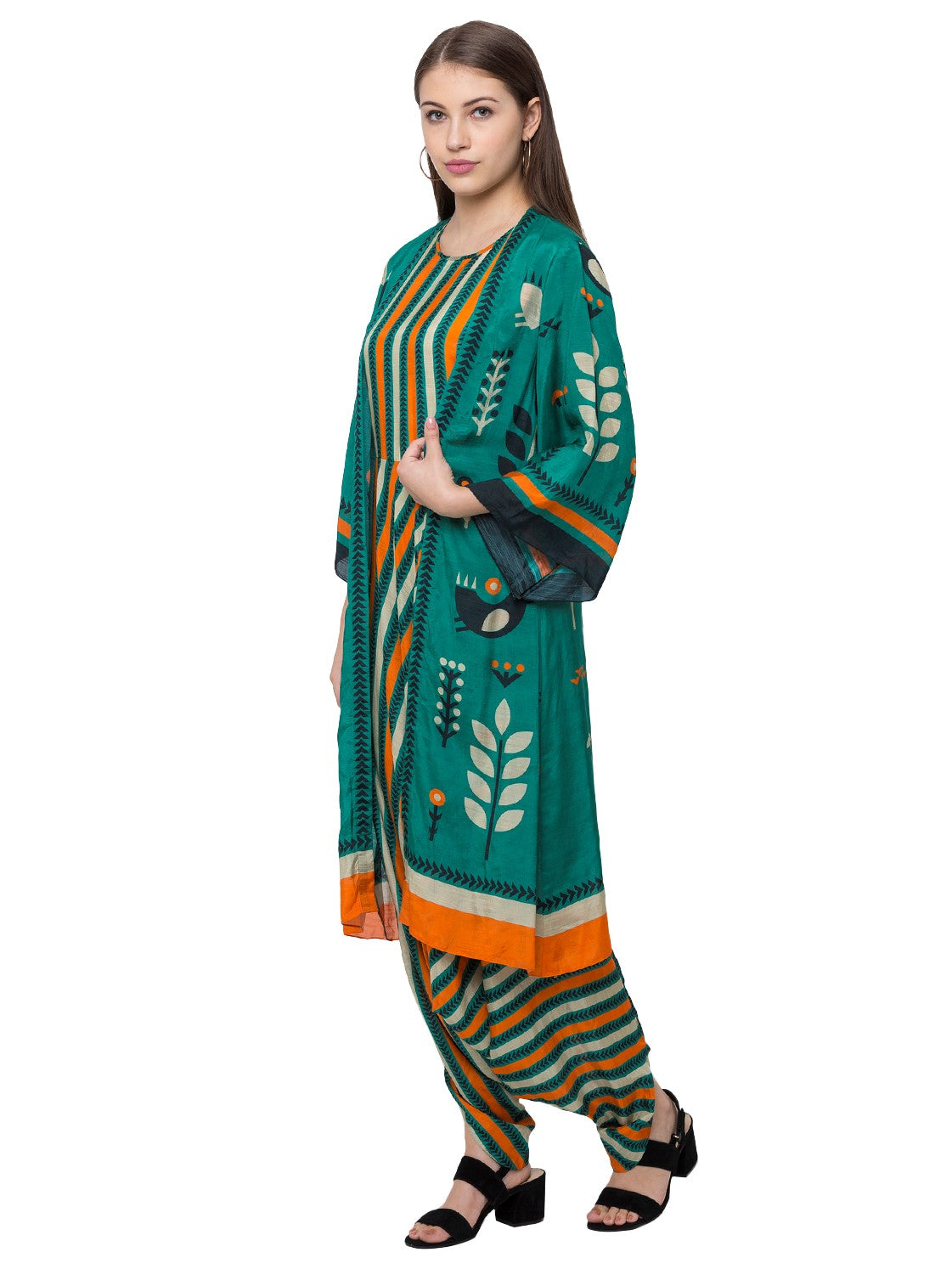 Bird Printed Long Jacket Paired With Dhoti Jumpsuit