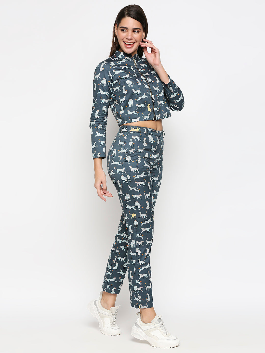 Leopard Printed Cotton Twill Jacket With Pants