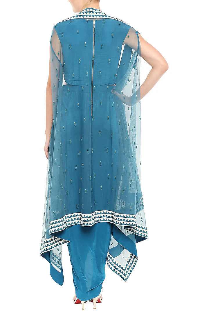 Blue Draped Dress With Belt & Hand Embroidered Cape Jacket