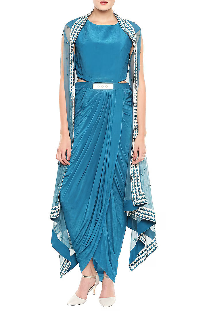 Blue Draped Dress With Belt & Hand Embroidered Cape Jacket