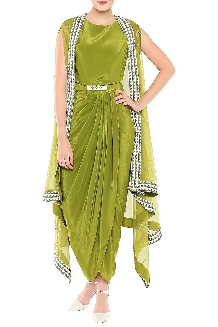 Olive Green Dress With Belt & Hand Embroidered Cape Jacket
