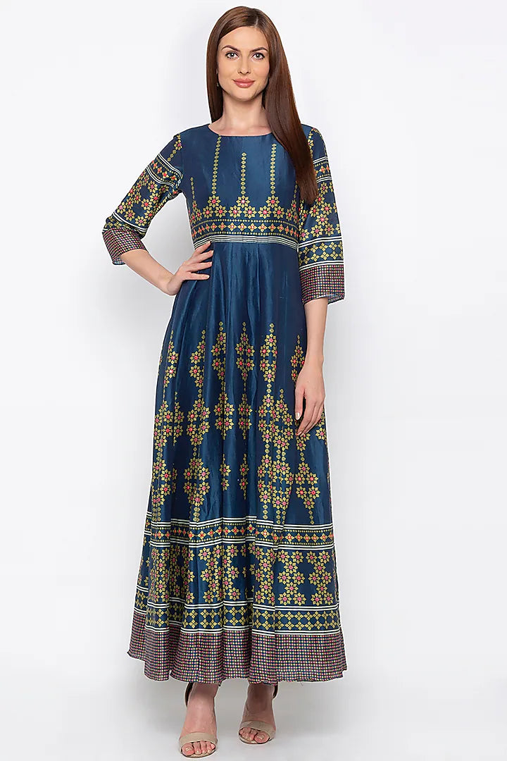 Blue Printed & Embroidered Anarkali