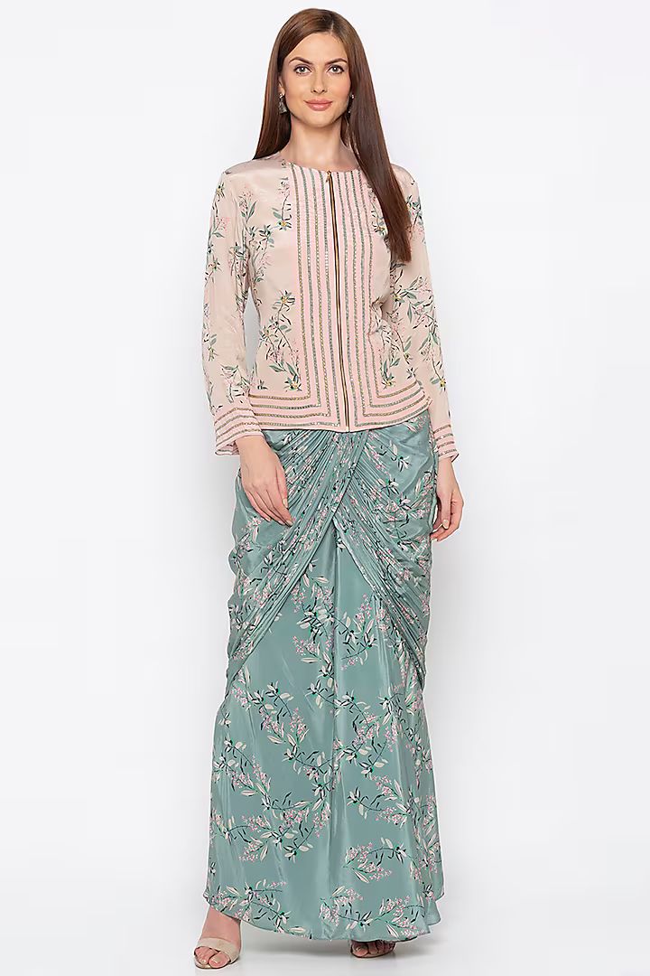 Beige Embroidered Jacket With Teal Green Draped Skirt