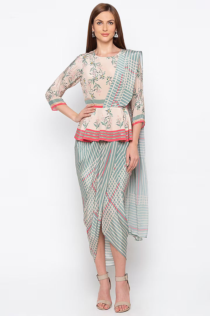 Multi-Colored Crepe Printed Pre-Stitched Saree Set