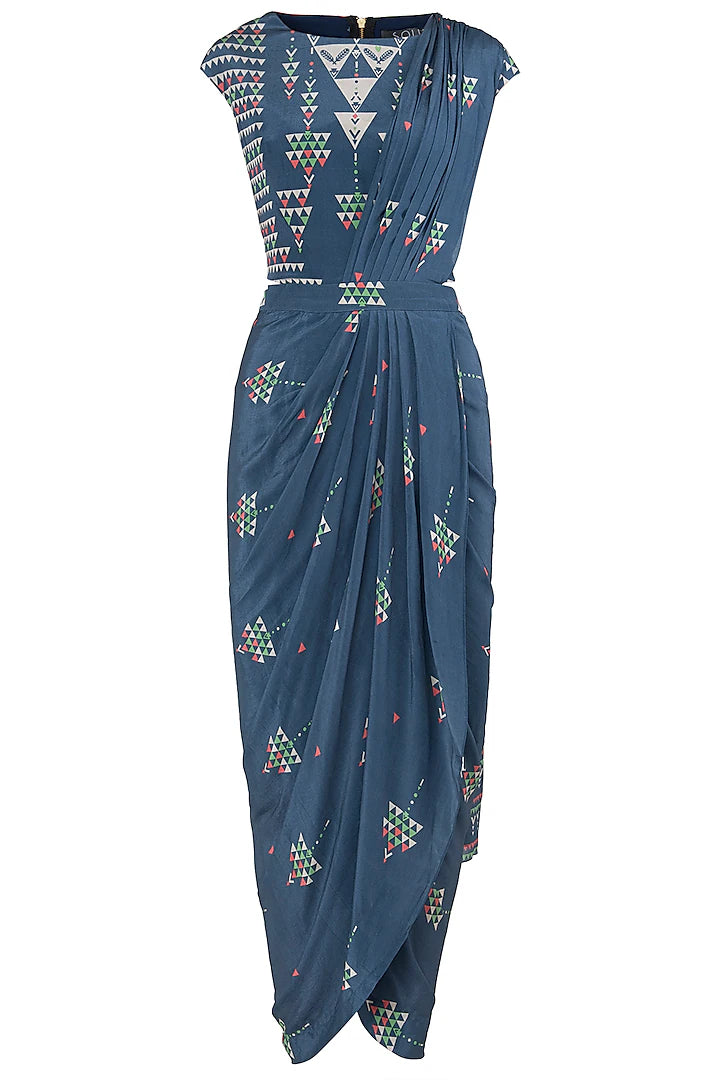 Blue Printed Drape Saree