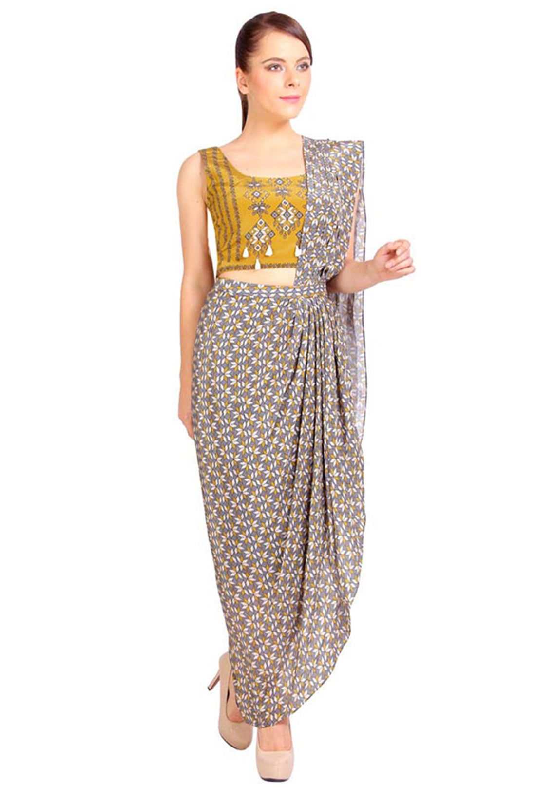 Bullion Flower Printed Pre-Stitched Saree With Top