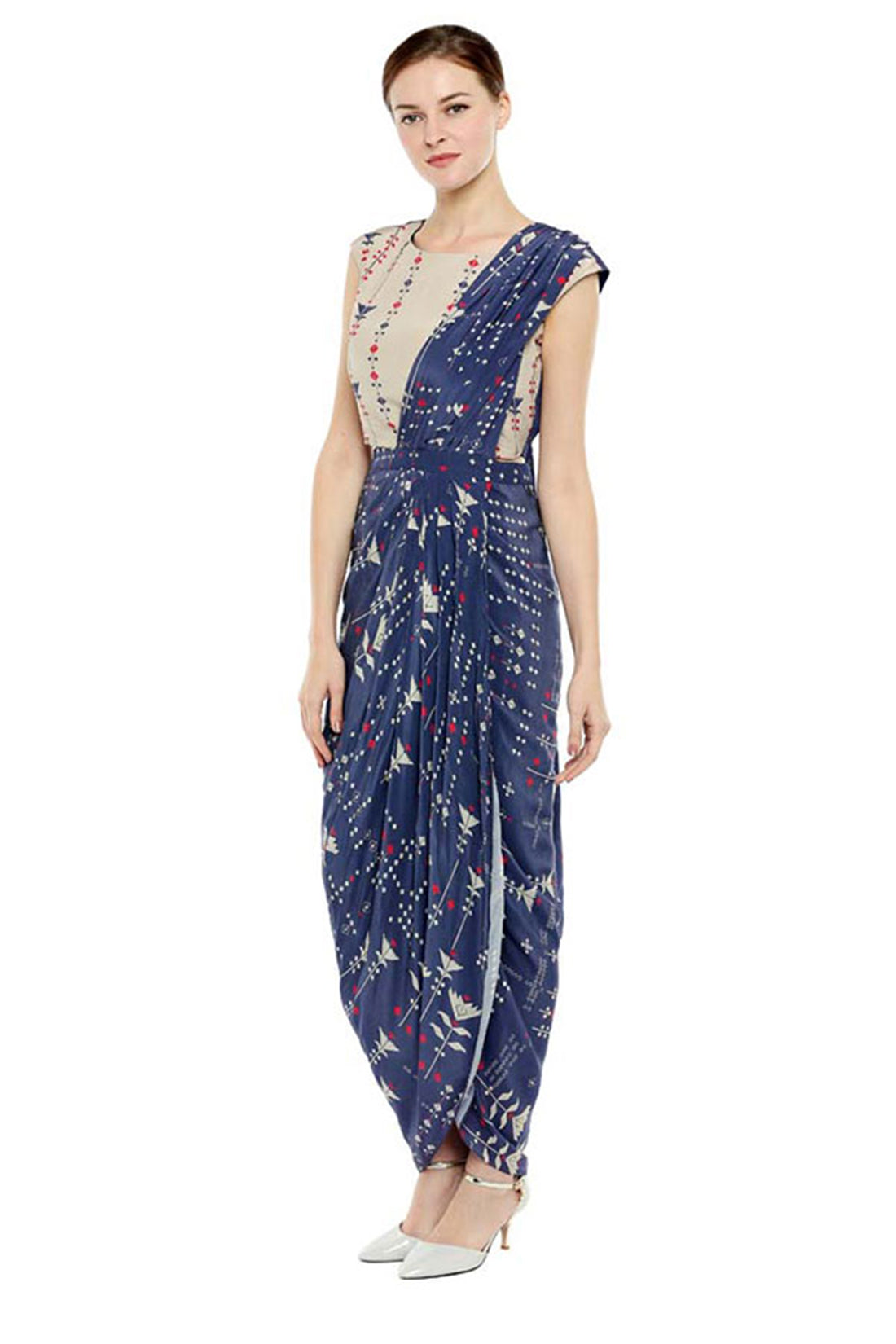 Azulejos Printed Pre-Stitched Saree With Top