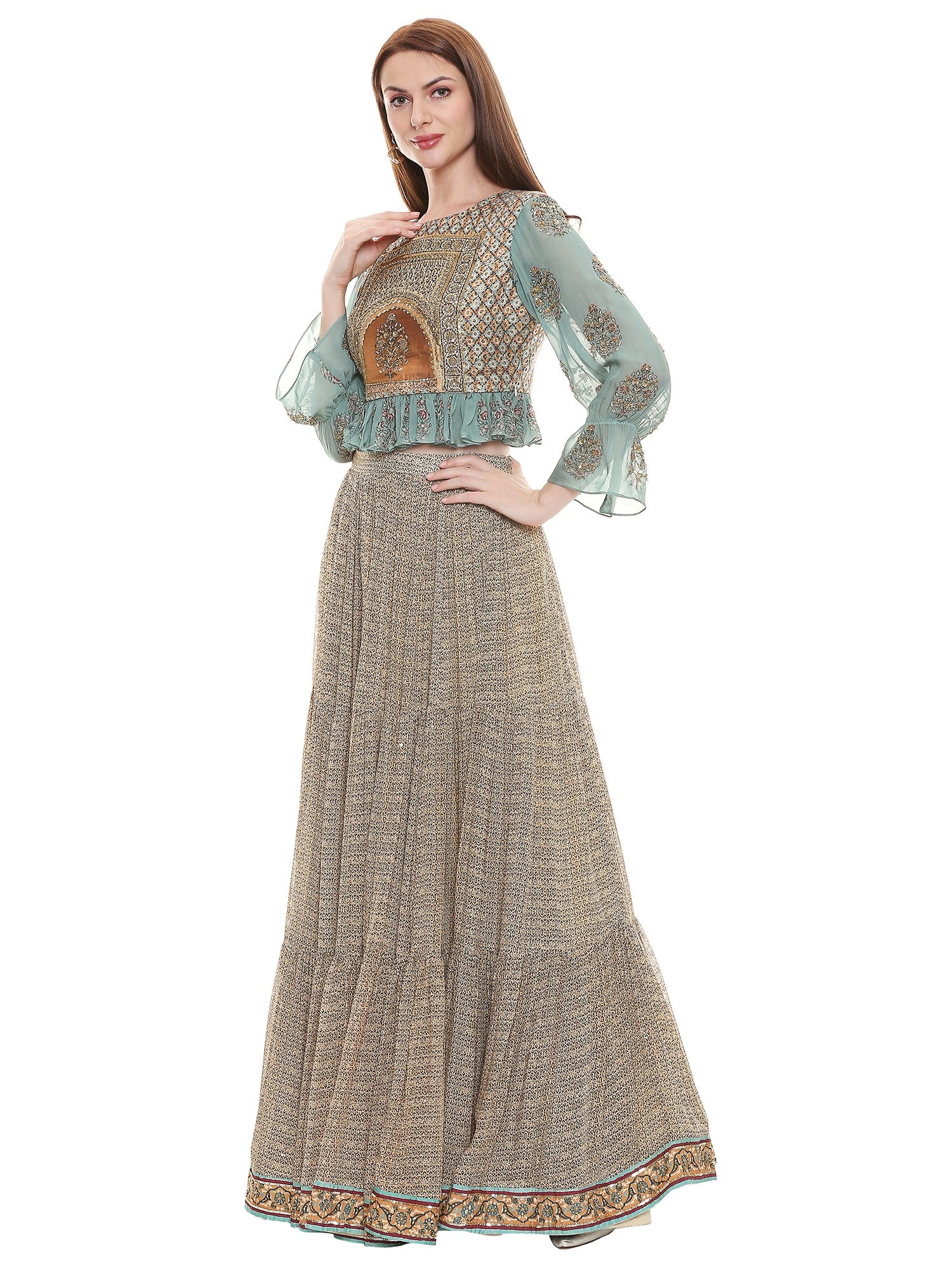 Sage Green Printed Crop Top With Balloon Sleeves, Three Tiered Skirt And Net Dupatta