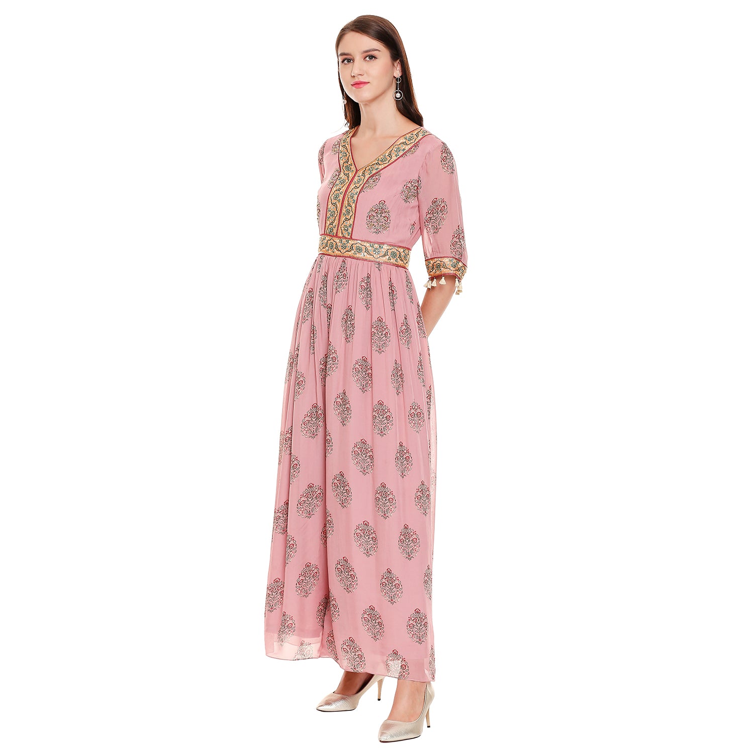 Pink Printed Flared Jumpsuit With Embroidered Yoke