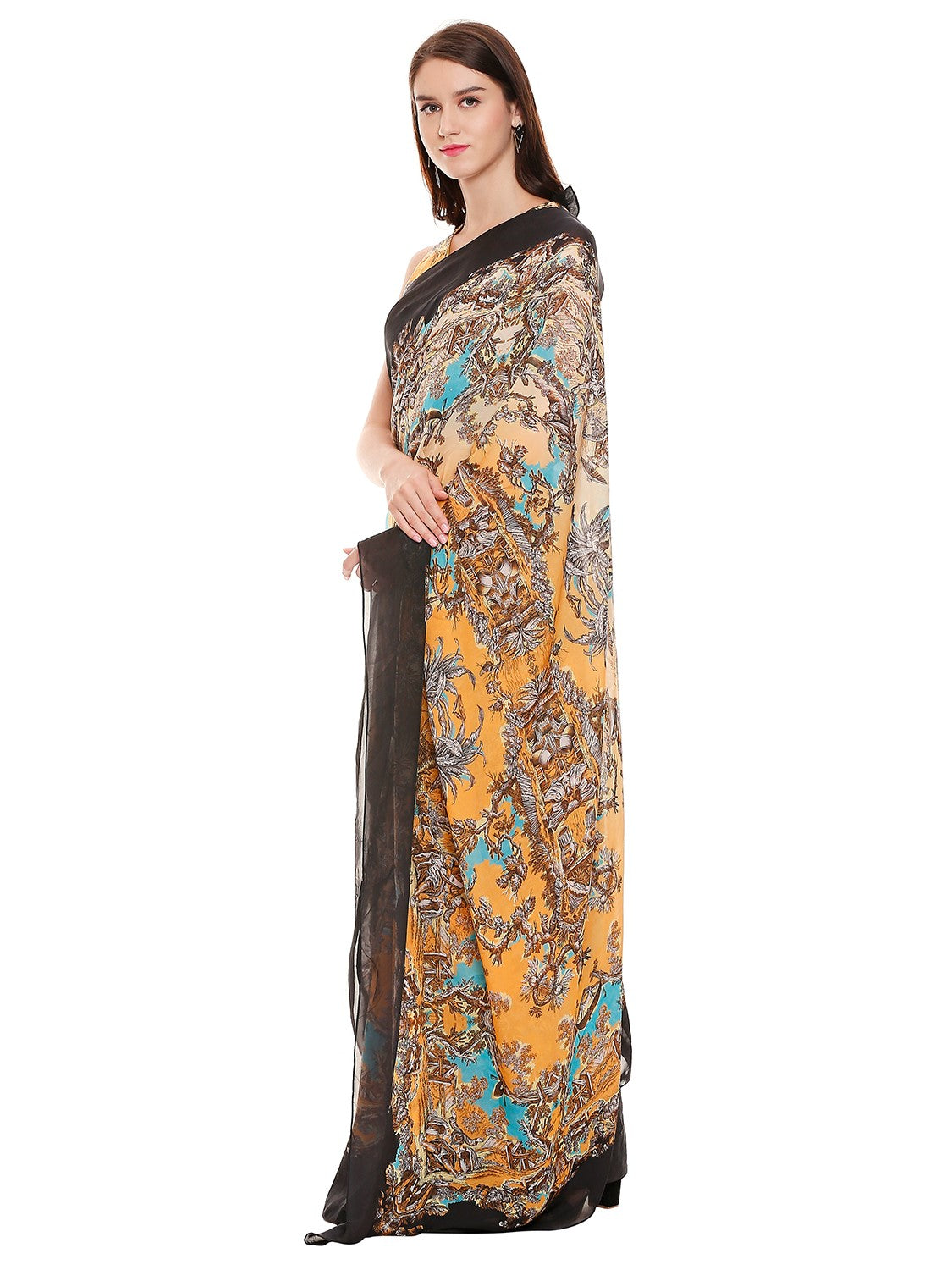 Pre Stitched Saree Paired With Sleeveless Blouse Enhanced With Tassel Detail