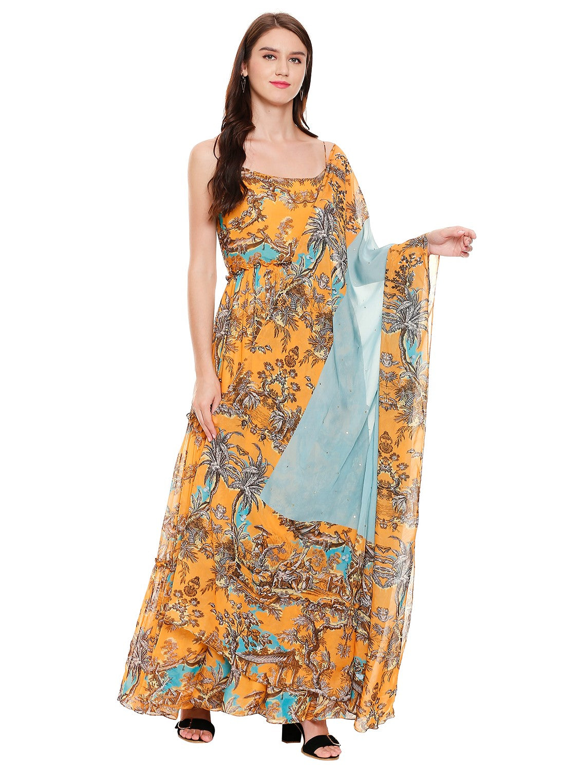 Printed Noodle Strap Long Dress With Dupatta