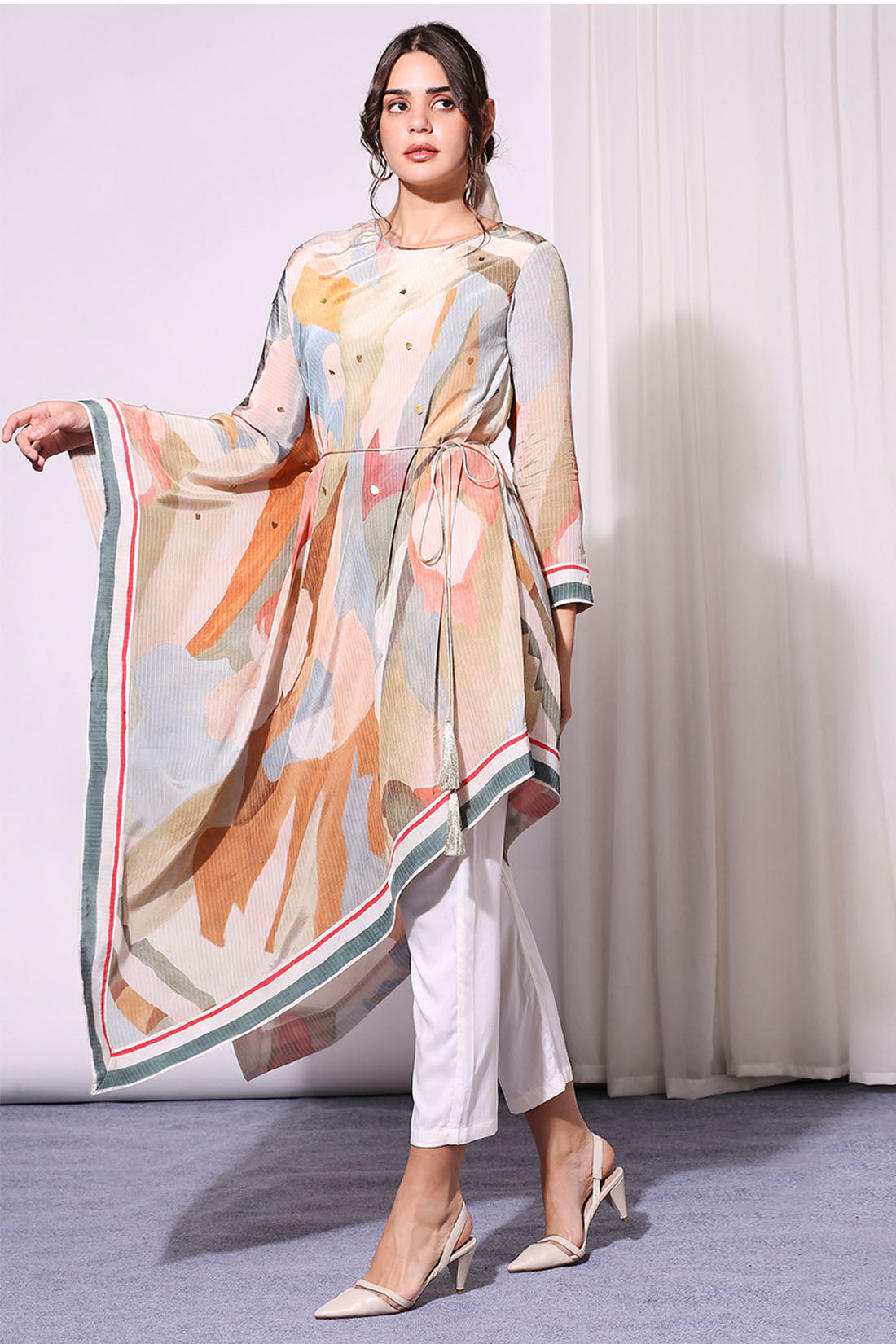 Conversational Printed Asymmetric Kurta Set