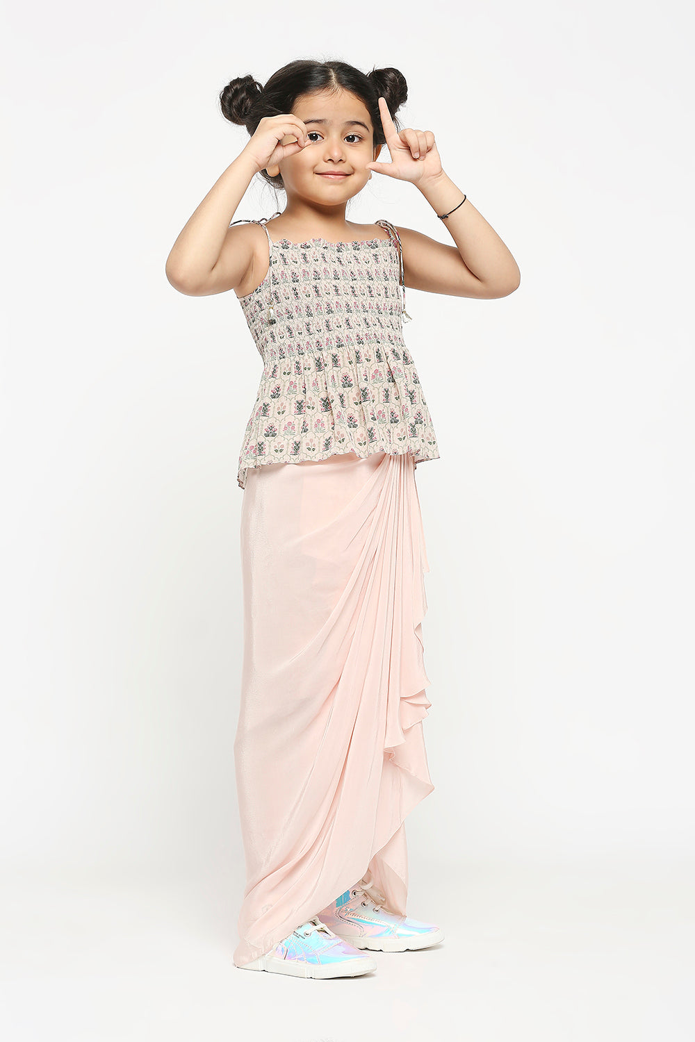 Mughal Floral Printed Crop Top With Shoulder Tie Up Paired With Draped Skirt