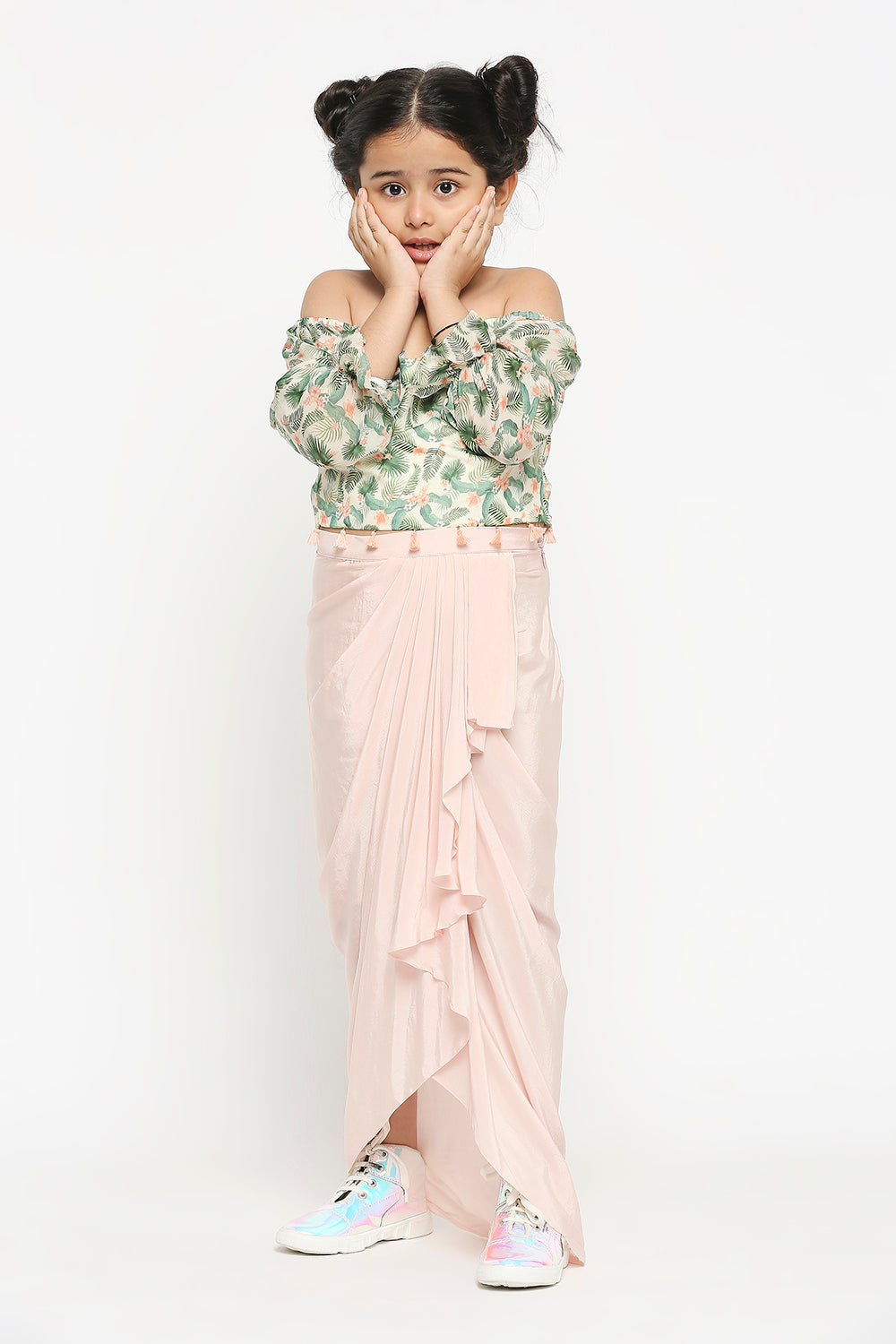 Tropical Off Shoulder Crop Top Paired With Draped Skirt