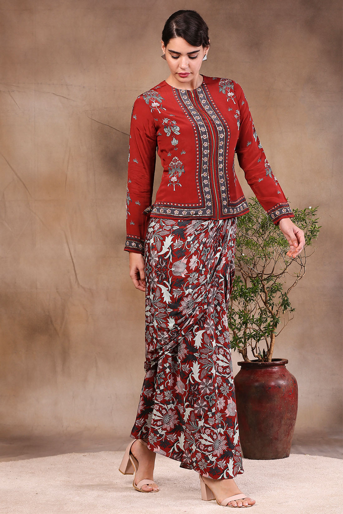 Night Floral Printed Drape Skirt With Jacket
