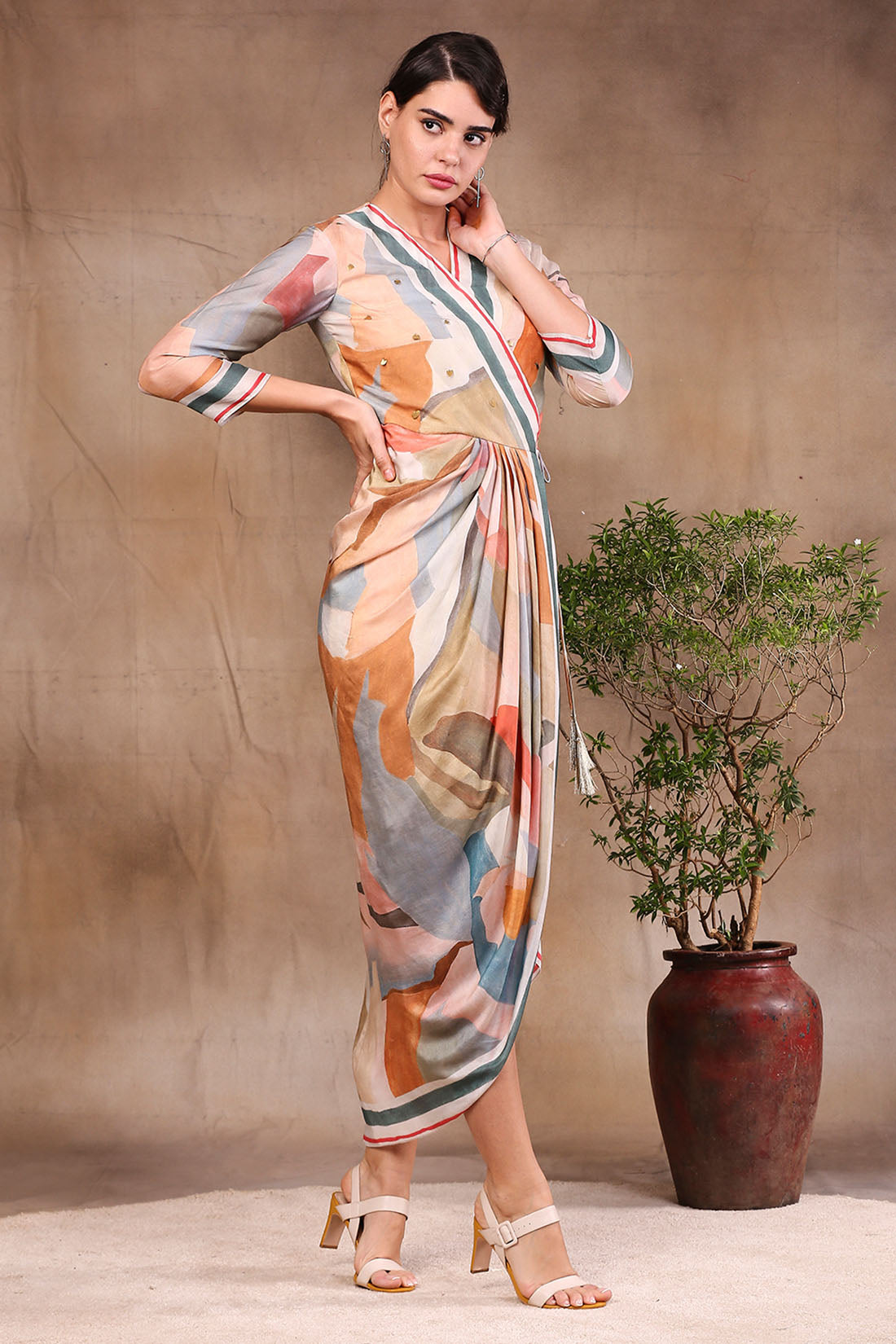 Multi Colour Conversational Printed Overlap Drape Dress