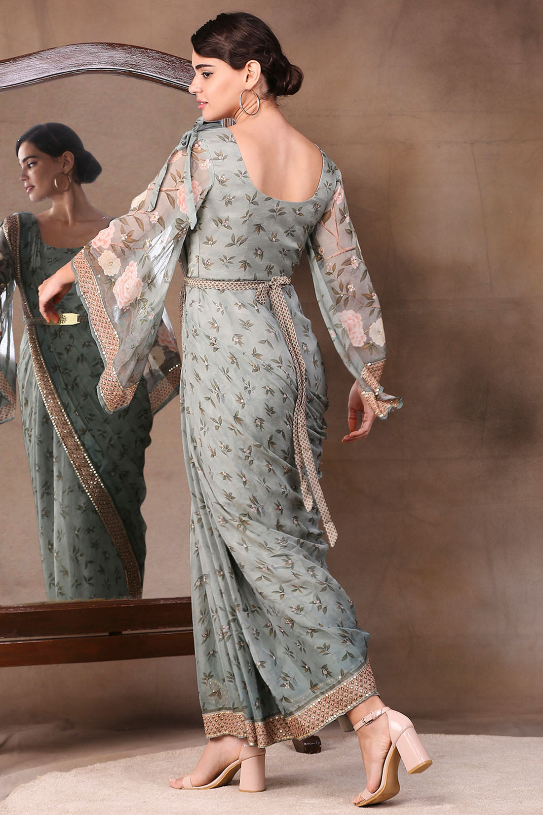 Vintage Trails Printed Pre-Stitched Saree Dress With Metal Belt