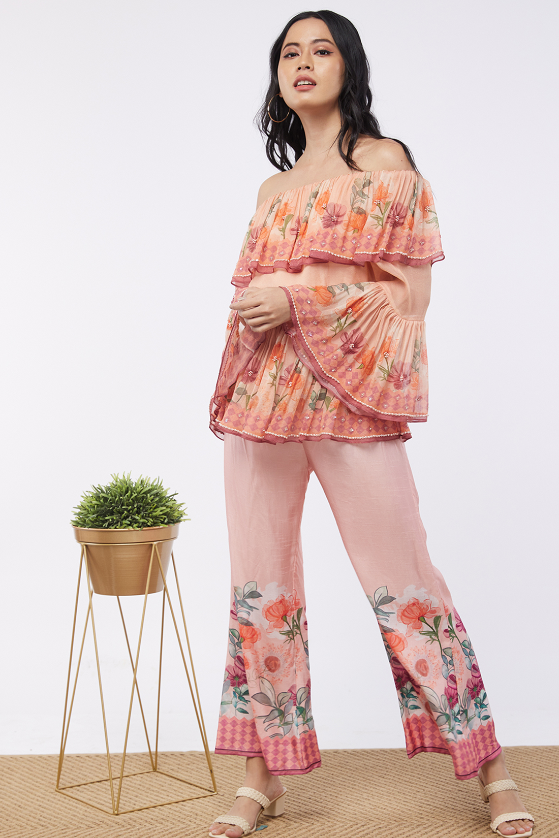 Blooming Bud Printed Off-Shoulder Embroidered Top With Flared Pants