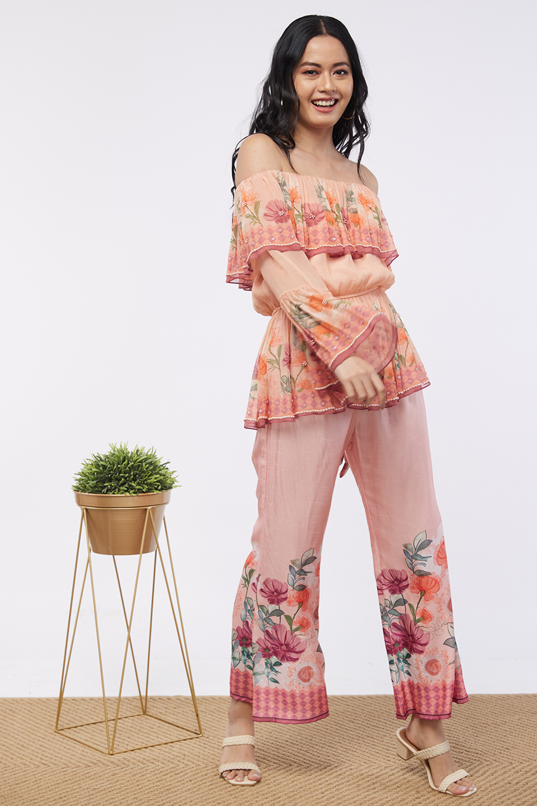 Blooming Bud Printed Off-Shoulder Embroidered Top With Flared Pants