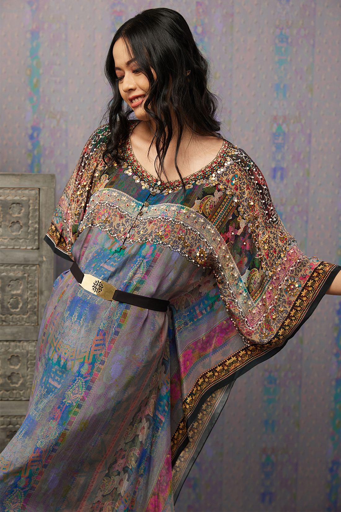 Ikaya Embroidered Kaftan Set With Belt