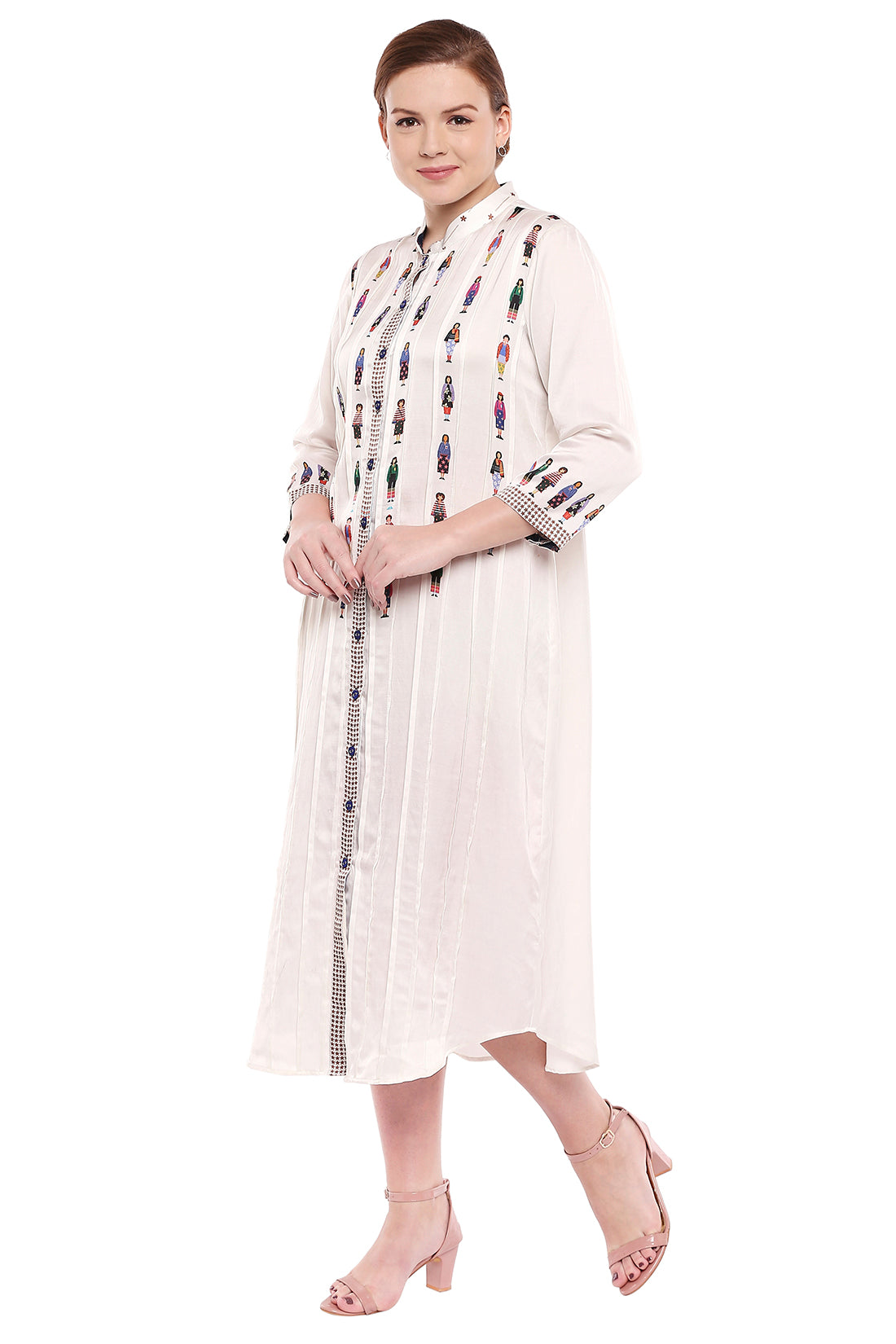 People Printed Long Dress With Pintuck Detail