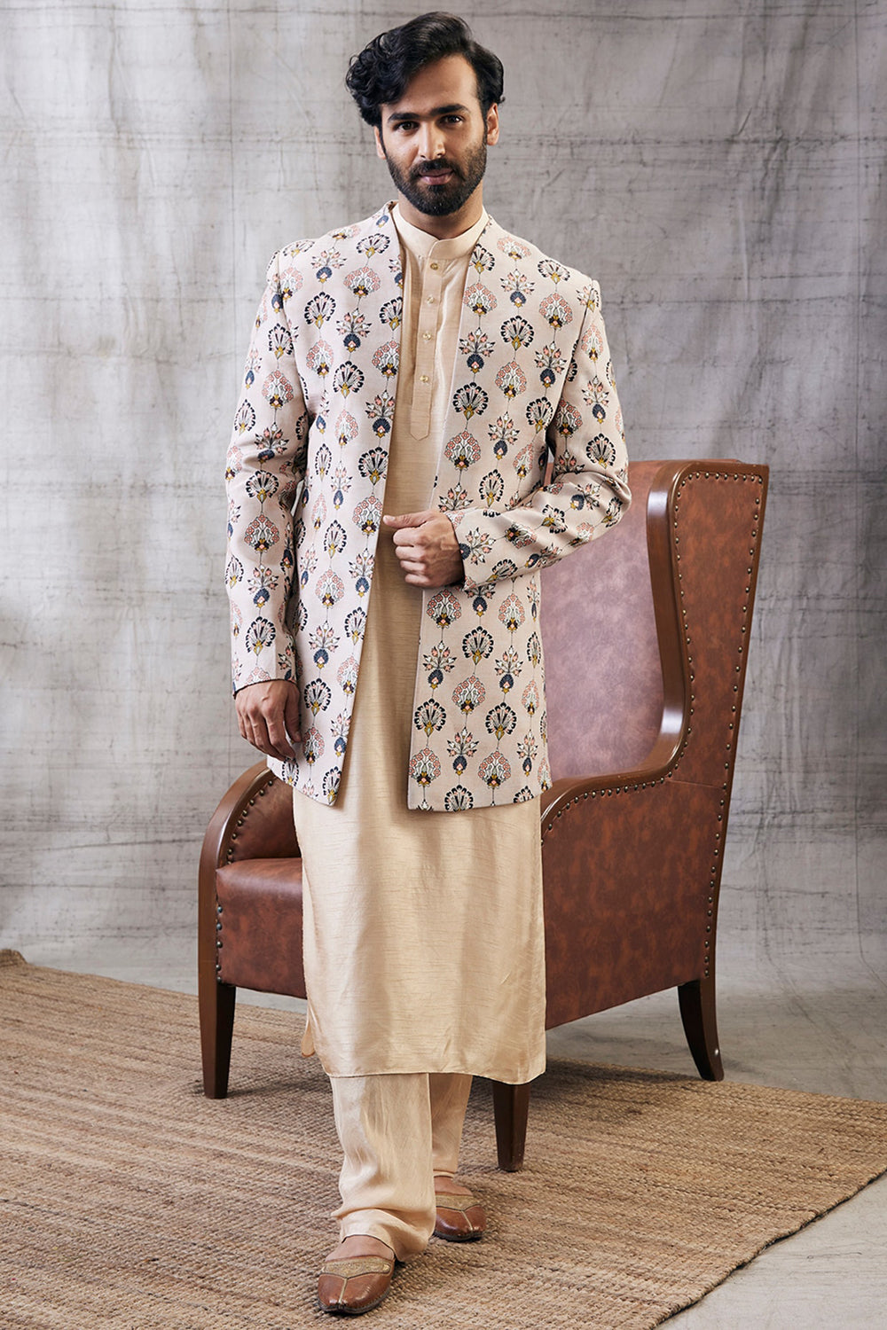 Sarouk Printed Longline Jacket With Kurta Set