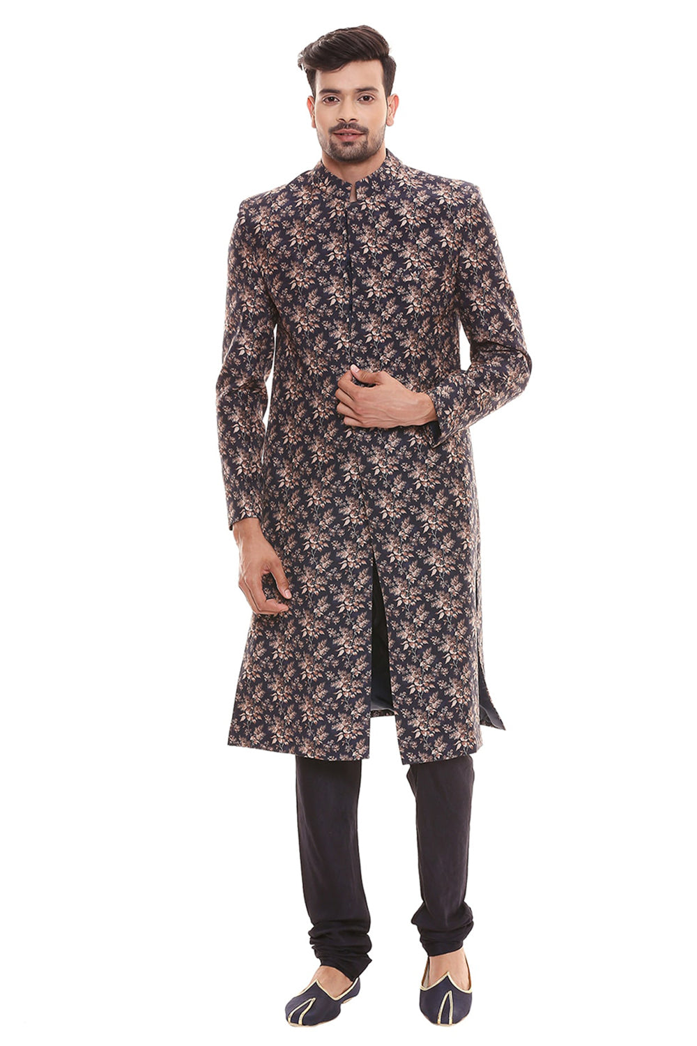 Applique Floral Printed Sherwani With Plain Chudidaar