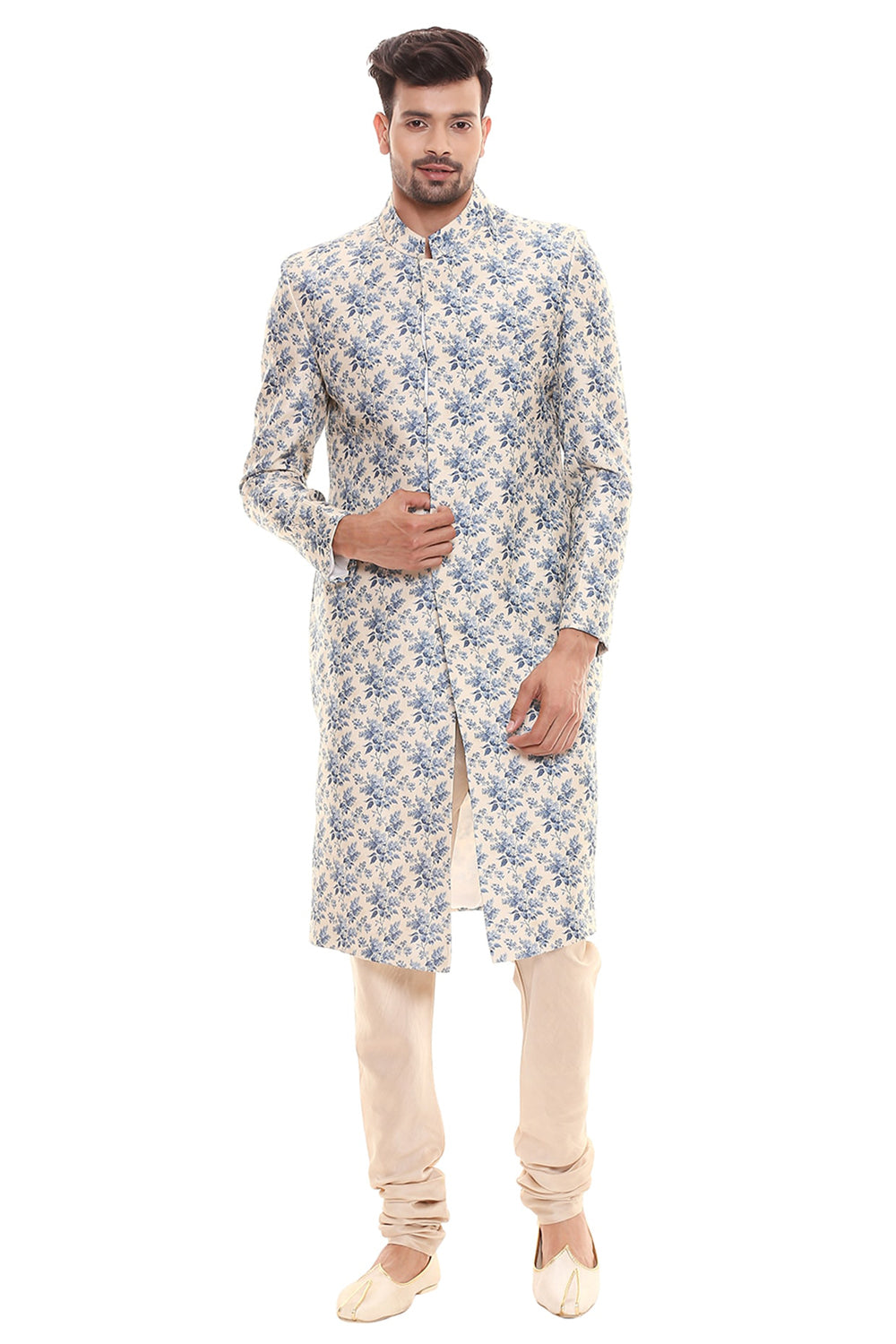 Applique Floral Printed Sherwani With Plain Chudidaar