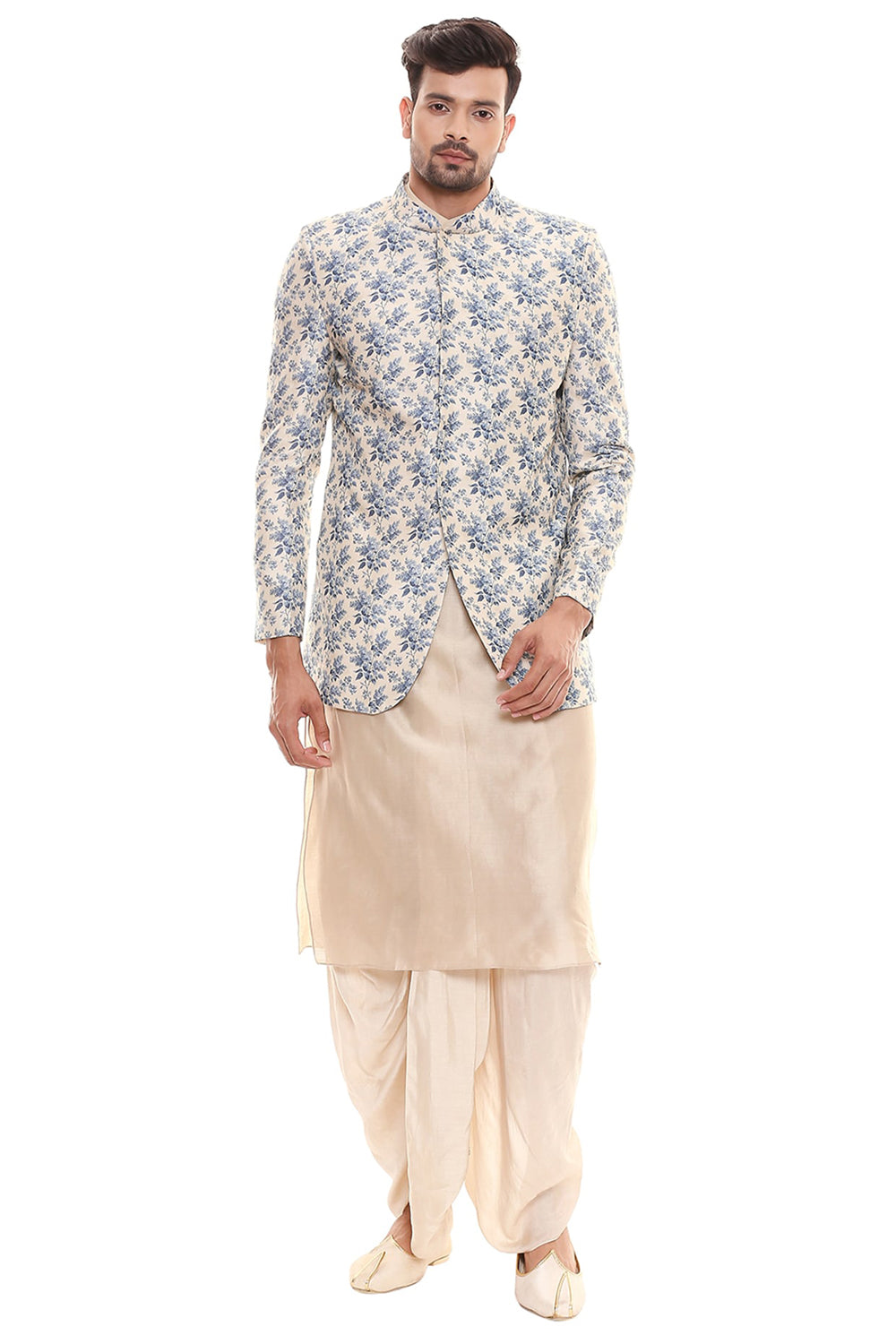 Offwhite Collared Kurta With Dhoti Pants Paired With Applique Floral Jacket