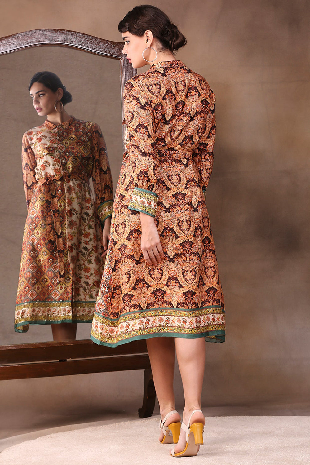 Ethnic Folklore Printed Shirt Dress With Waist Tie-Up