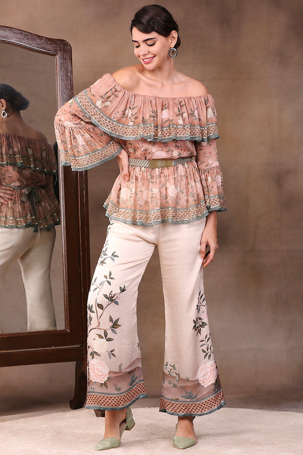 Vintage Trails Printed Off-Shoulder Embroidered Top With Flared Pants