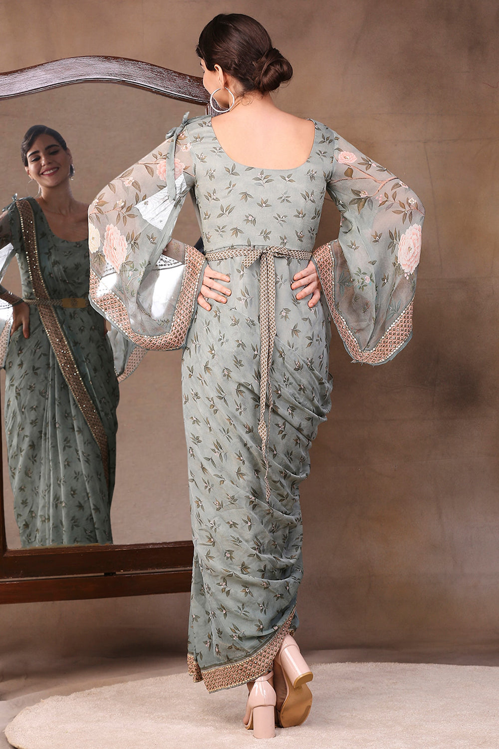 Vintage Trails Printed Pre-Stitched Saree Dress With Metal Belt