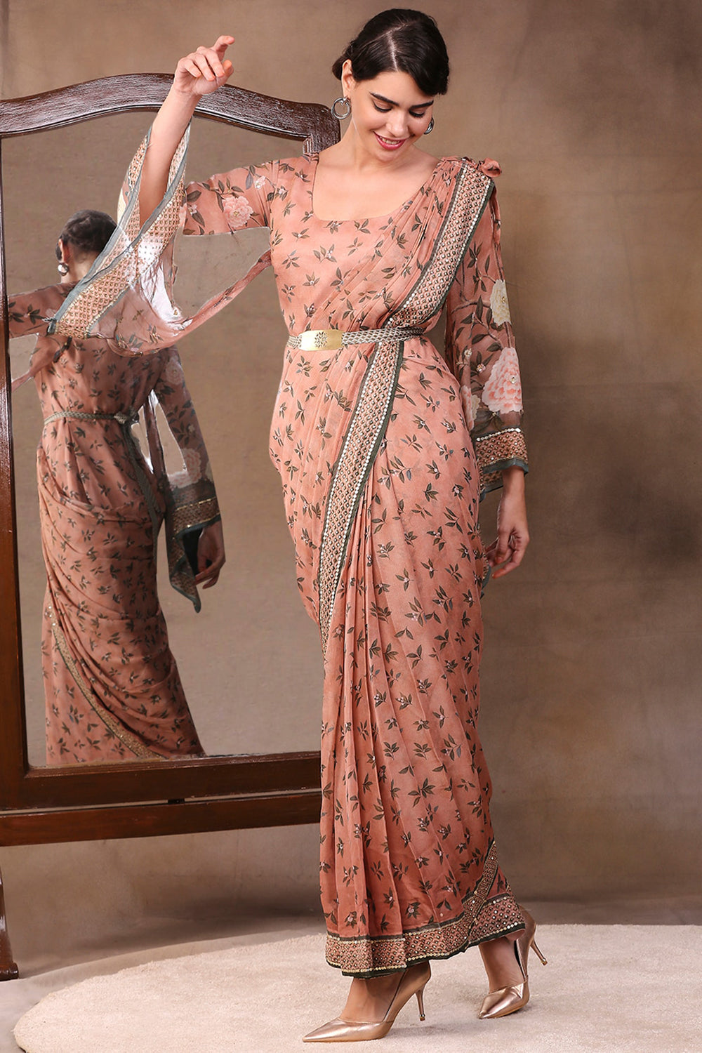 Vintage Trails Printed Pre-Stitched Saree Dress With Metal Belt