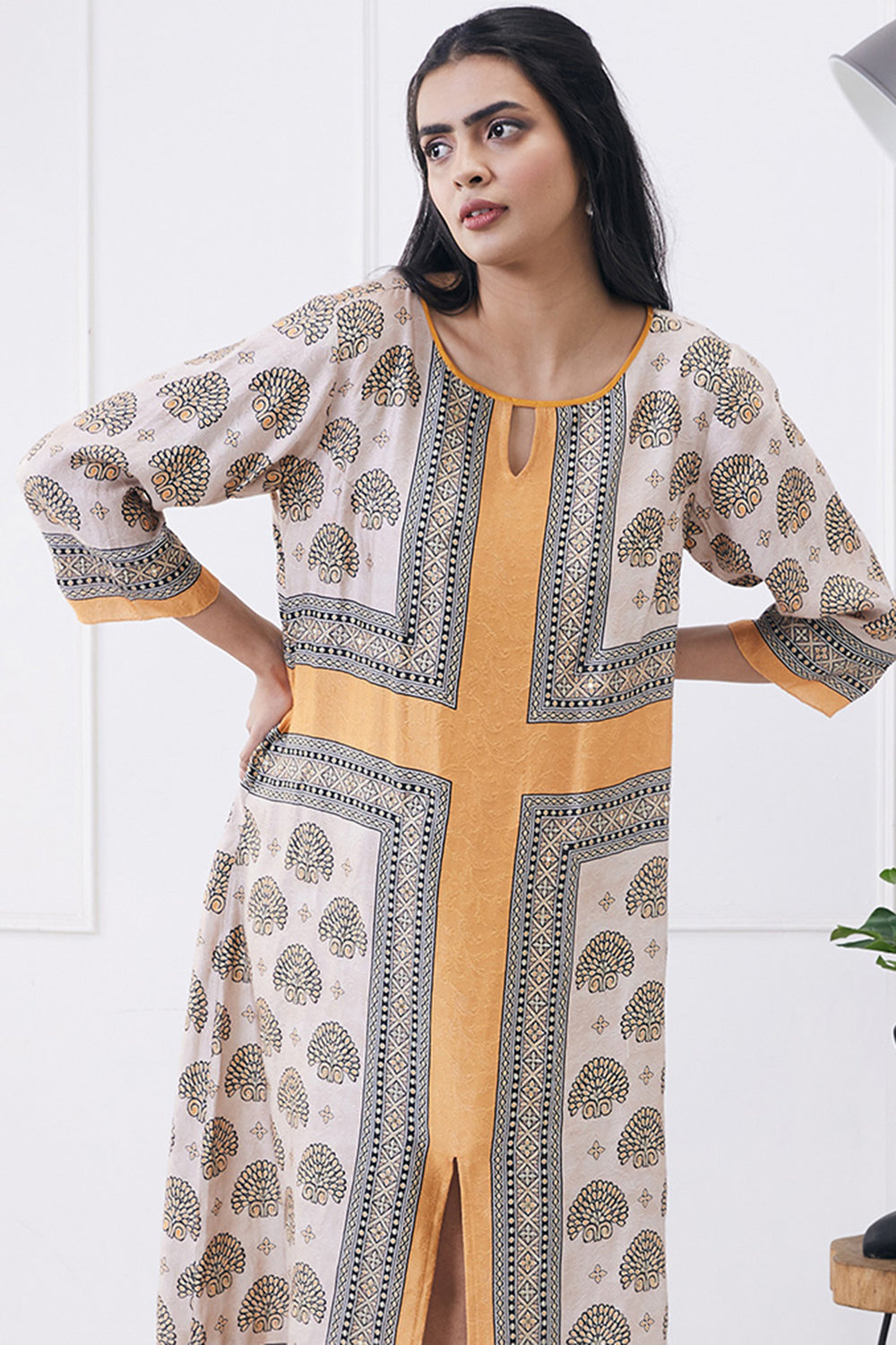 Beige Orange Ela Printed Boxy Dress