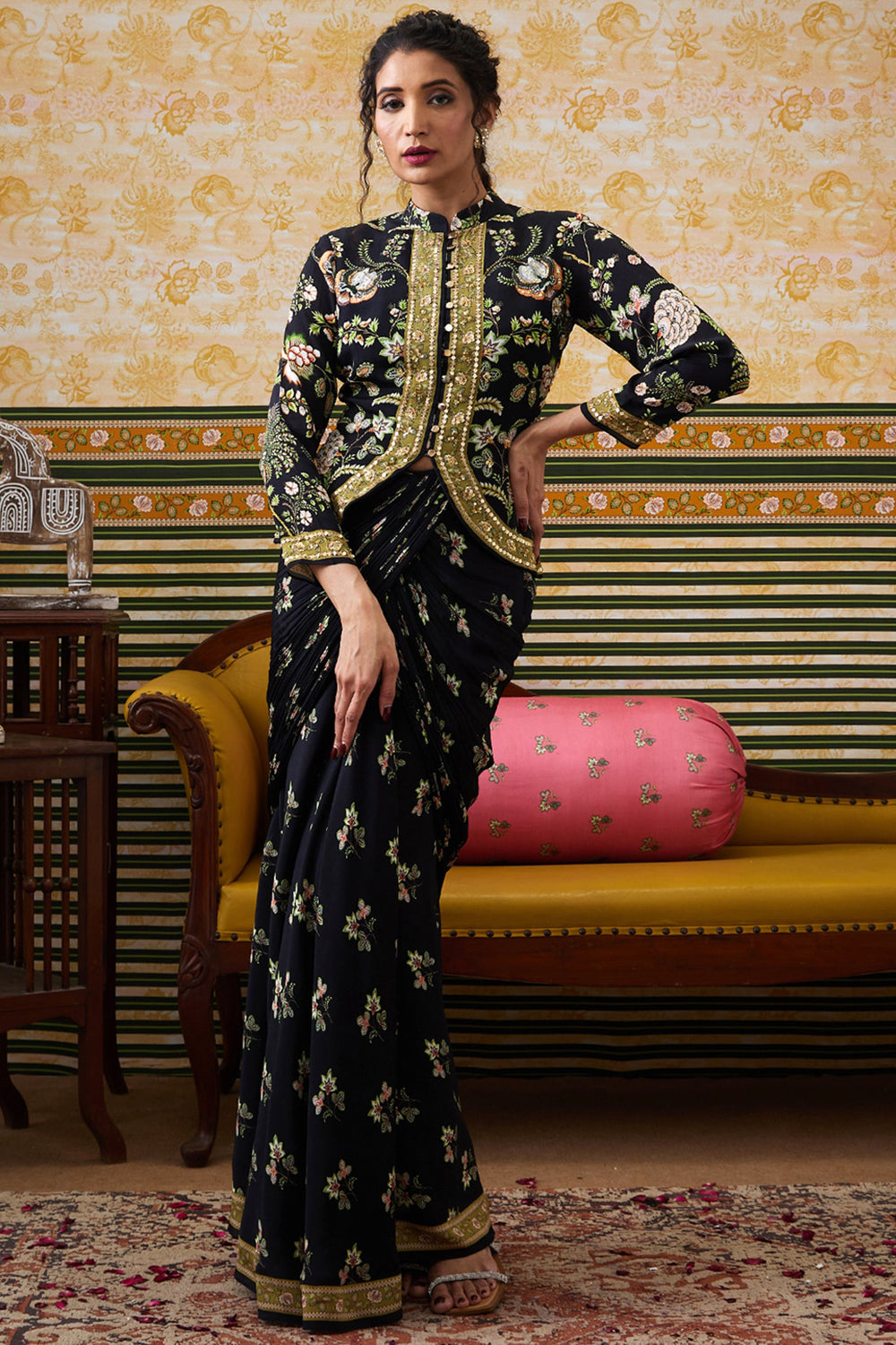 Mehr Embroidered Jacket With Drape Skirt