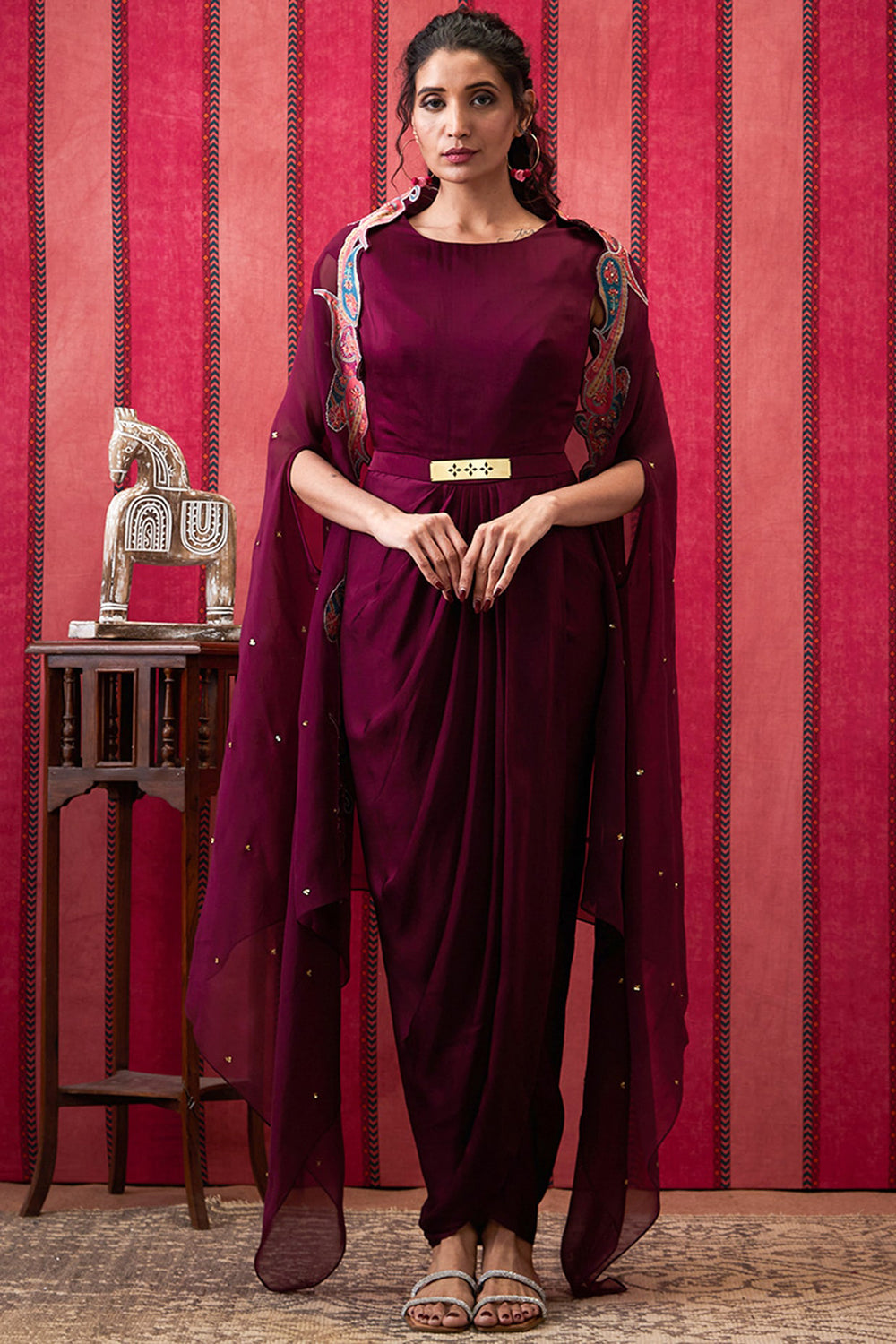 Qala Drape Dress With Printed Applique Cape